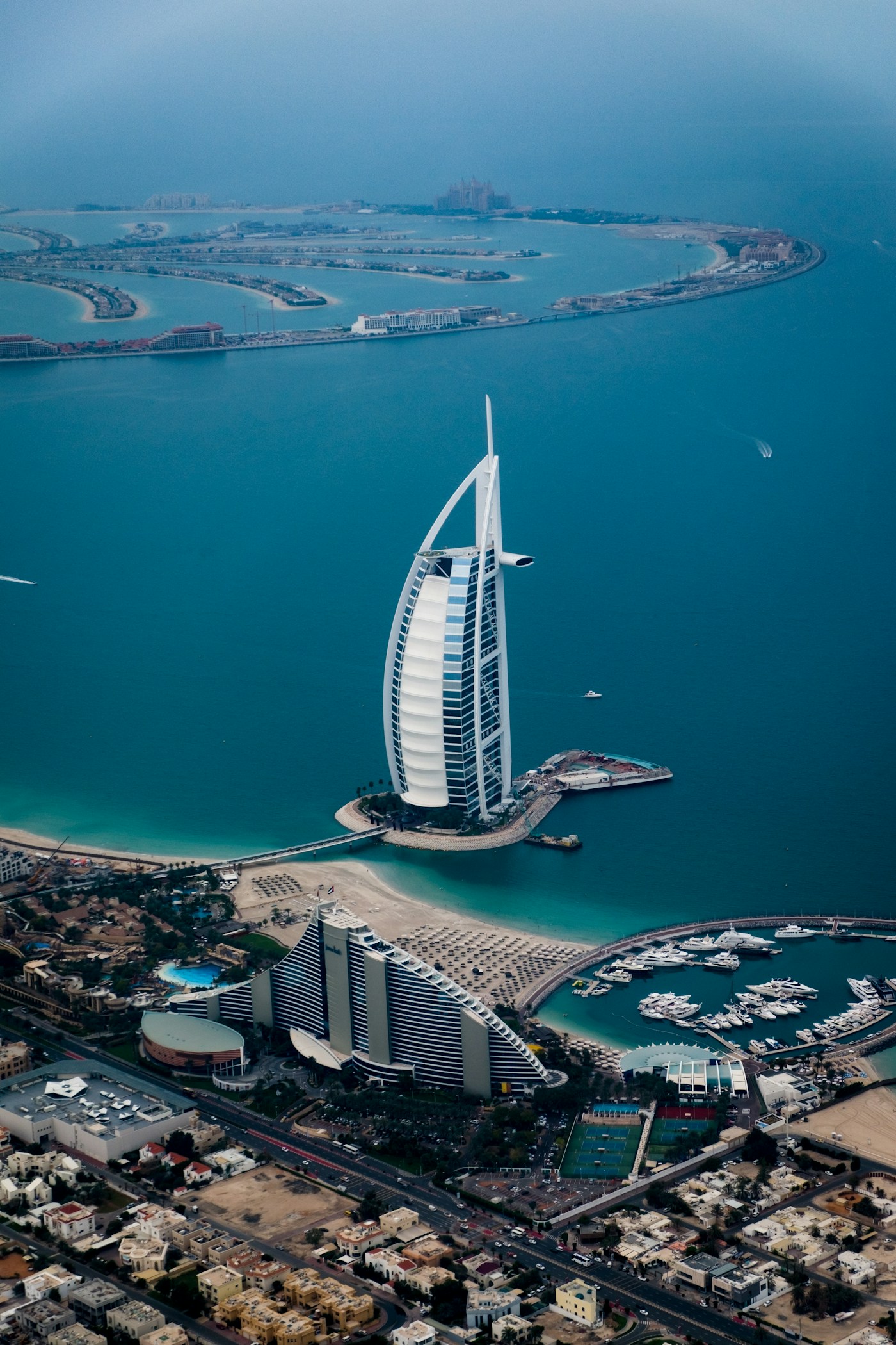 Aerial view of the Burj Al Arab and Dubai’s coastline