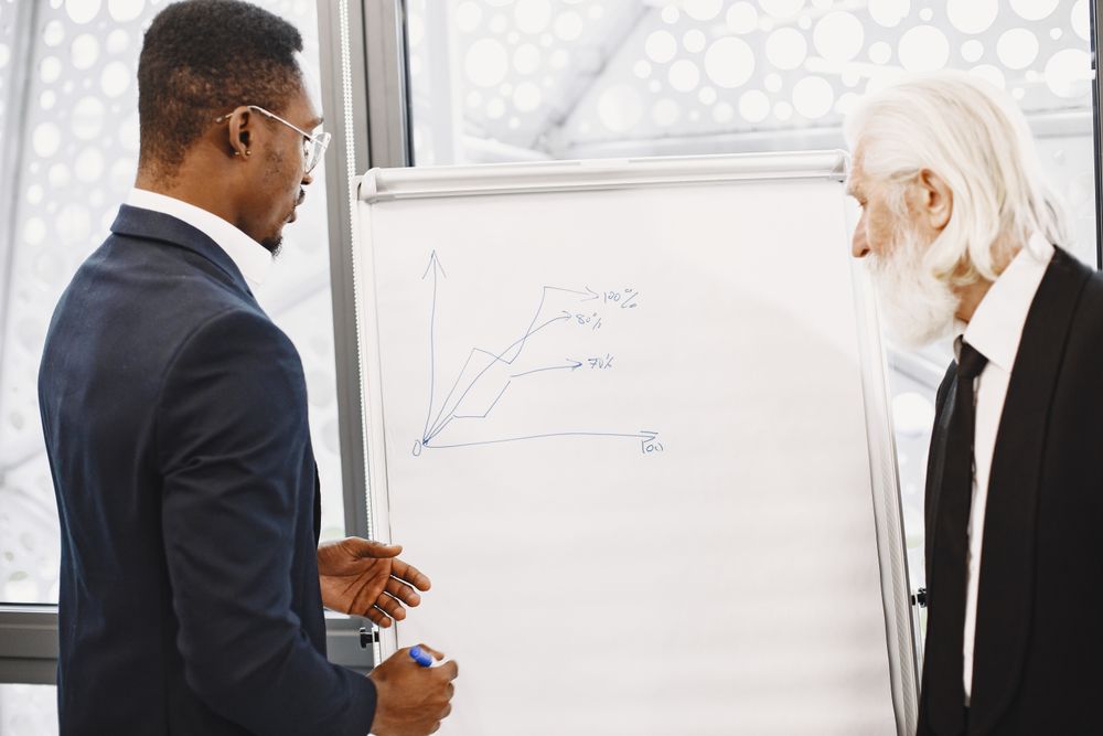 Two business advisers discussing a financial forecast